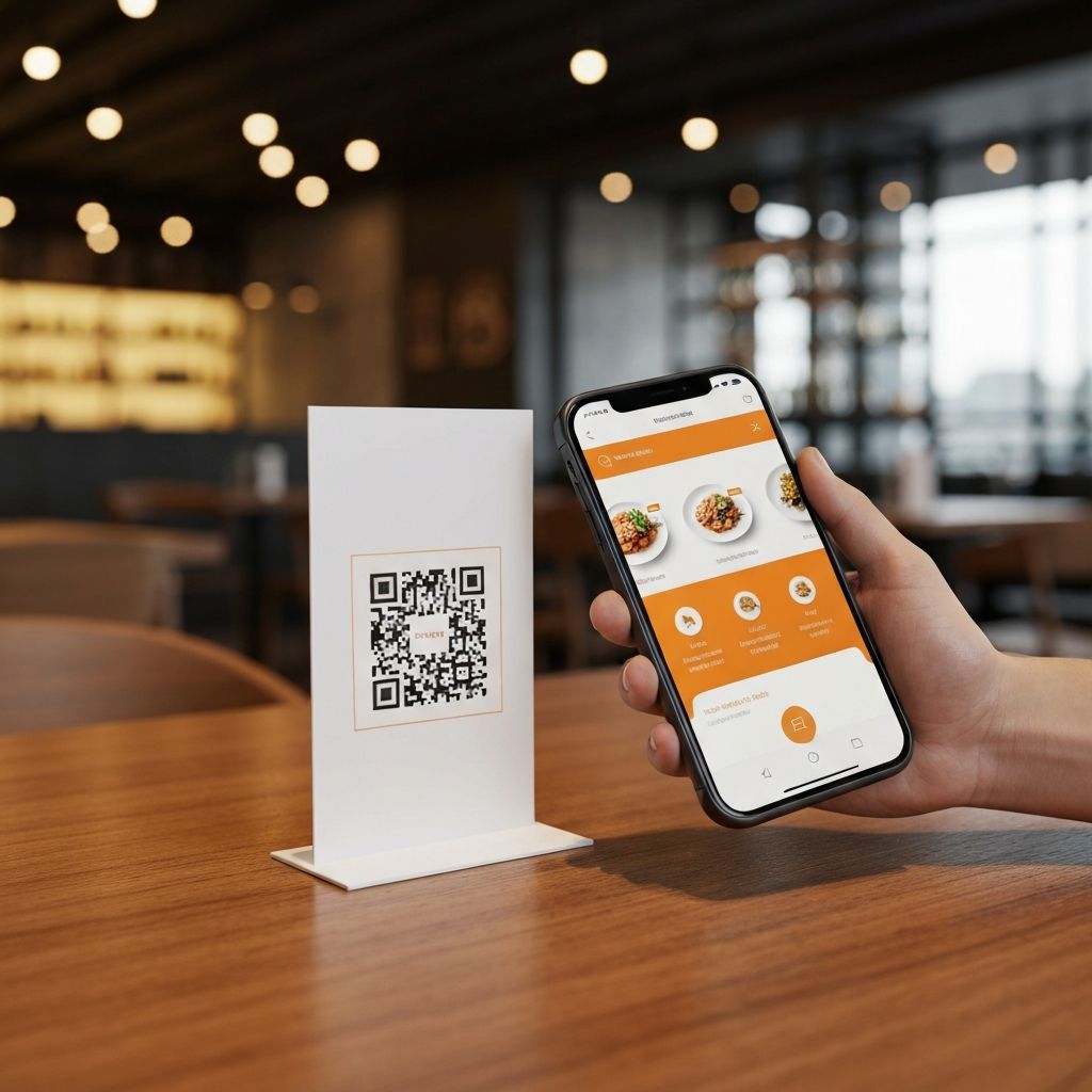 Smartphone scanning a QR code on a restaurant table to place an order